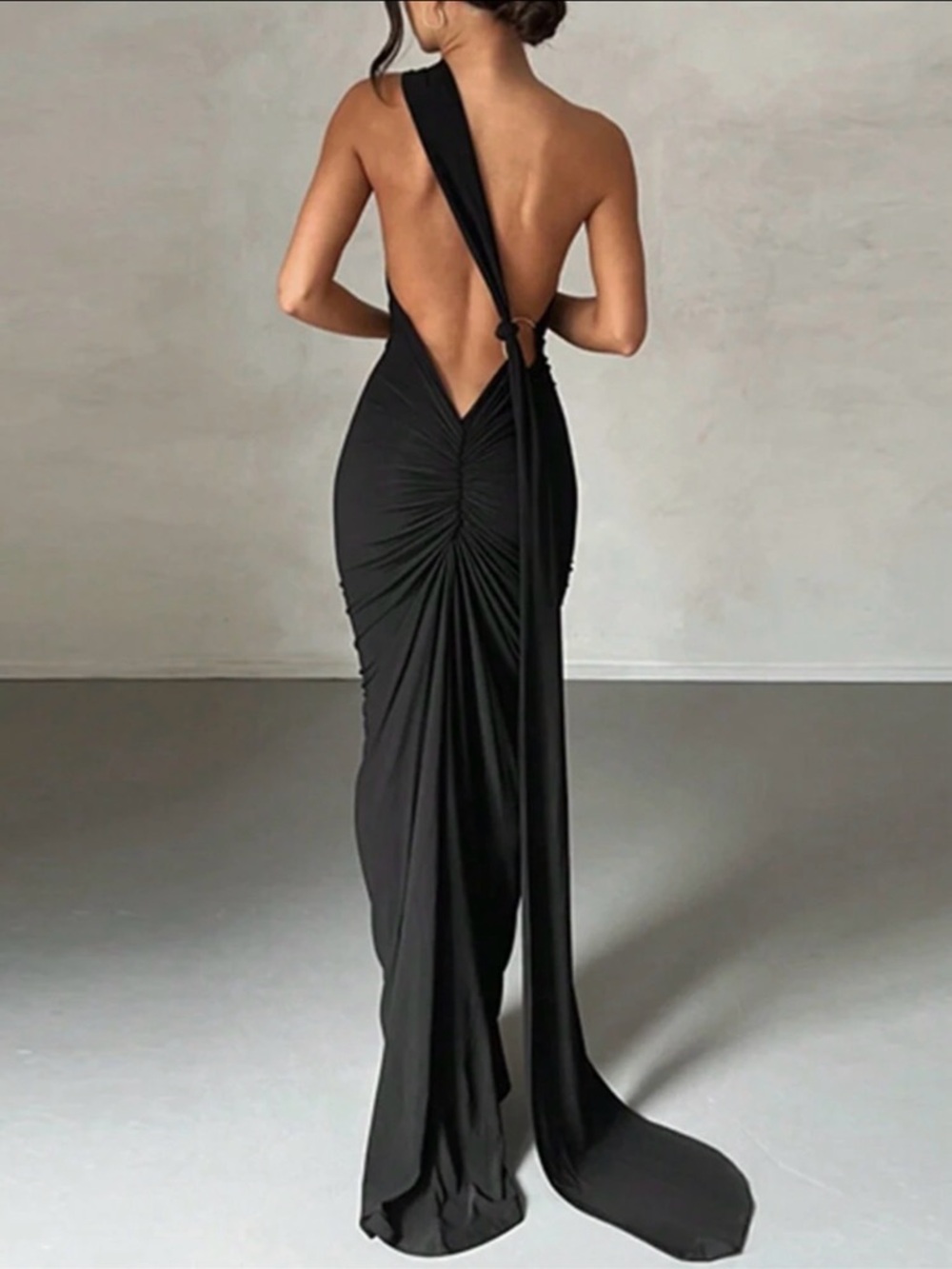 SHEIN Black One-Shoulder Backless Ruched Evening Gown with Draped Sash